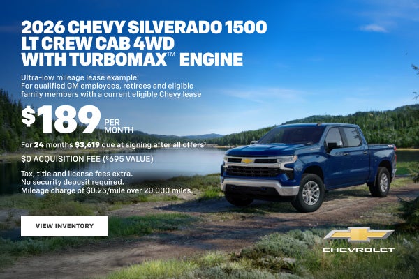 2026 Chevy Silverado 1500 LT Crew Cab 4WD with TurboMax Engine. Ultra-low mileage lease example f...